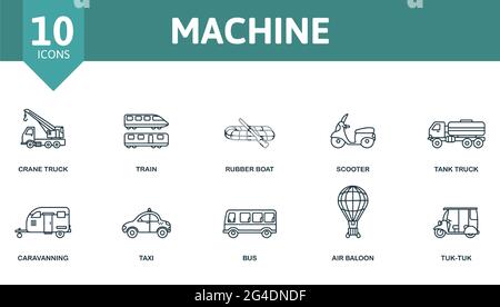 Ensemble d'icônes de la machine. Contient des icônes modifiables du thème du véhicule, telles que camion-grue, bateau en caoutchouc, camion-citerne et plus encore. Illustration de Vecteur