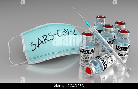 Concept de vaccin Covid-19 - masque facial, flacons, seringue - illustration 3D Banque D'Images