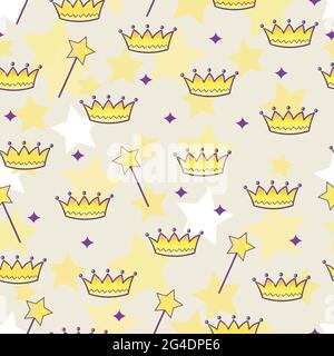 Fond de princesse. Motif sans couture avec couronne dorée, étoiles et baguette magique sur fond blanc. Joli papier peint pour petites princesses Illustration de Vecteur