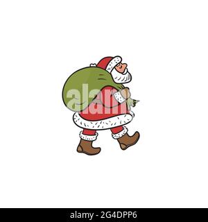 Le Père Noël porte un sac avec des cadeaux isolés sur fond blanc. Autocollant de couleur. Illustration de Vecteur