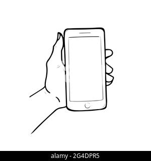 L'homme tient un téléphone portable dans sa main. Le gars montre un smartphone.Cartoon Illustration de stock noir et blanc isolée sur fond blanc, esquisse. Illustration de Vecteur