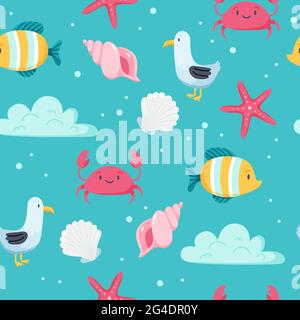 Motif mer d'été. Poisson mignon, mouette, crabe, coquillages. Éléments de dessin animé plats dessinés à la main. Illustration vectorielle Illustration de Vecteur