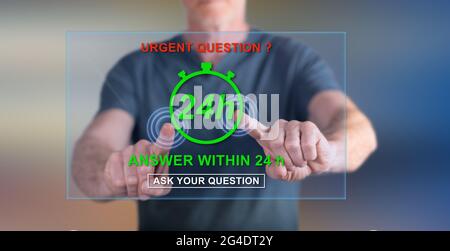 Homme touchant un concept de questions urgentes sur un écran tactile avec ses doigts Banque D'Images