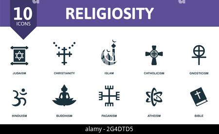 Ensemble d'icônes de religiosité. Contient des icônes modifiables thème de religion tels que le judaïsme, l'islam, le gnosticisme et plus encore. Illustration de Vecteur
