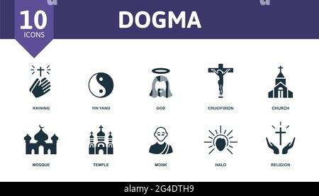 Jeu d'icônes dogmes. Contient des icônes modifiables thème de religion tels que pluie, dieu, église et plus encore. Illustration de Vecteur