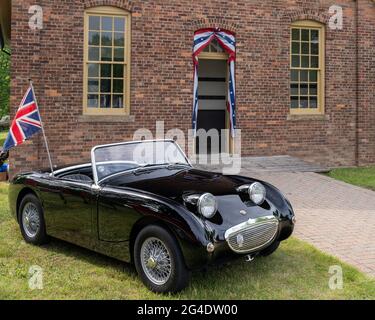 DEARBORN, MI/USA - 19 JUIN 2021 : une voiture Austin Healey Sprite 1960 au Henry Ford Motor Muster (THF), à Greenfield Village, près de Detroit, MI. Banque D'Images