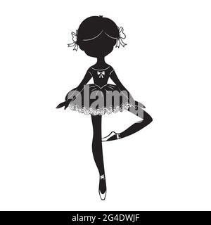 Silhouette noire de petite ballerine mignon isolée sur fond blanc.Dancer Design noir et blanc. Illustration de Vecteur