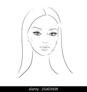 Logo femmes sur fond blanc.jeune femme esquisse visage avec cils luxuriants sur fond blanc, vecteur. Icône Creative Vector femelle, extension des cils. Illustration de Vecteur