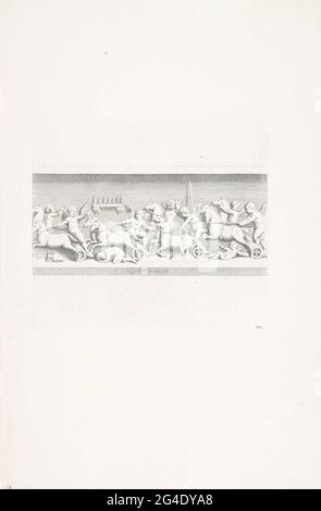 . Bas-relief de Roman d'un groupe de putti, marchant dans un défilé, et portant des chevaux à la bride avec eux. Au milieu des armoiries de Vincenzo Giustiniani. Impression d'une publication avec des reproductions aux sculptures de la collection de la Galleria Giustiniani à Rome. Banque D'Images