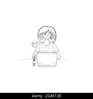 Jeune femme travaillant à l'ordinateur.avatar de la personne féminine avec ordinateur portable.Illustration de stock isolée sur fond blanc. Illustration de Vecteur