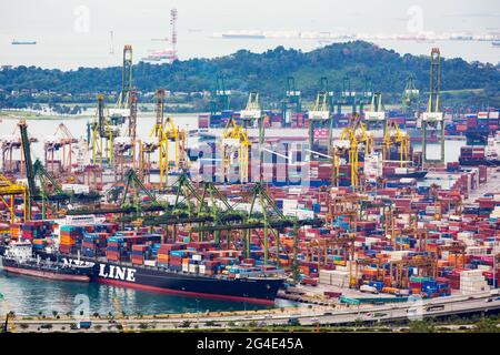 Singapour. Vue en hauteur du terminal des conteneurs de Pasir Panjang. Banque D'Images
