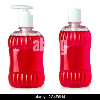flacons de gel douche rouges isolés sur fond blanc Banque D'Images