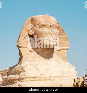 Gros plan sur le Grand Sphinx de Gizeh, Égypte. Statue calcaire d'un sphinx inclinable, créature mythique avec le corps d'un lion et la tête d'un hum Banque D'Images