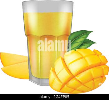 Un verre de jus de mangue frais et de tranches de mangue isolées sur fond blanc. Illustration vectorielle au réalisme photographique. Illustration de Vecteur