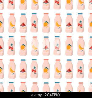 Motif sans couture avec melon d'été, citron, banane, jus de cerise dans une bouteille icône avec fruits et baies. Cocktails de détox sains végétaliens. Boissons, vi Illustration de Vecteur