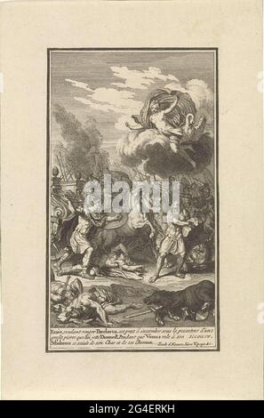 . Aeneas tente de sauver le corps de Pandarus, mais est gêné par diomedes qu'une pierre veut le jeter. Vénus émerge sur un nuage pour le sauver. Une légende en français dans la marge. Banque D'Images