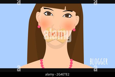 Jeune femme avec la bouche scellée avec des pansements adhésifs croisés. Texte censuré. Illustration de Vecteur