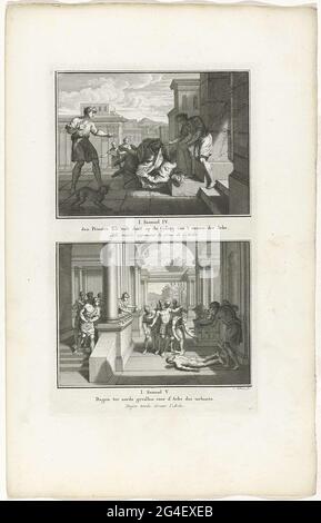 . Deux représentations bibliques du 1 Sam. 4 et 5. Le prêtre Eli tombe de sa chaise et meurt lorsqu'il entend que l'Arche de l'alliance a été prise, et l'image Dagon tombe à côté de l'Arche de l'Alliance. Deux représentations d'une plaque, chacune avec un titre en néerlandais et en français. Numéroté en bas à droite : 46. Banque D'Images