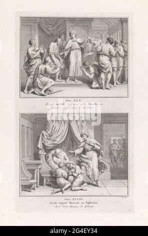 . Deux représentations bibliques. A l'étage: Joseph se fait connaître à ses frères, comme une viction de l'Égypte, qui ne l'a pas reconnu. Ci-dessous: Jacob bénit de son lit les fils de Joseph Manasse et Éphraïm et met leurs mains avec des bras crucifiés. Joseph est là. Parmi les représentations, une référence aux textes de la Bible et aux titres en néerlandais et en français. Banque D'Images