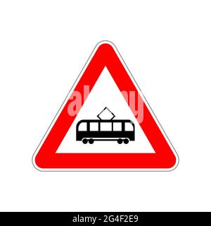 Icône de tram sur le triangle rouge et blanc signalisation routière sur blanc Illustration de Vecteur