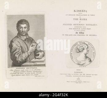 . Page de titre avec le portrait de l'écrivain Janus Secundus. Dans sa main, il tient un médaillon avec le portrait de Julia, son premier grand amour, sur qui il a écrit cet amour. A droite le titre et l'empreinte en anglais et le médaillon avec le portrait de Julia. Banque D'Images