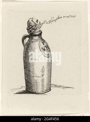 . Caricature sur le délégué patriotique d'Amsterdam et vendeur de poterie Pieter Witmond, 1787. Seule la tête de la bouche blanche dépasse d'une carafe marquée PWM, avec inscription. Banque D'Images