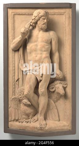 . Dieu est sur la jambe gauche et avec la droite courbée sur un sol saillant, pour un fond plat sous-croissance. La levée supérieure est légèrement à gauche, la tête barbu dans la direction opposée. Il tient la main droite à hauteur de l'épaule, la gauche vers le bas; dans les deux il a un faisceau de boulons d'éclair. Un tissu est suspendu au bras droit, ce qui couvre la honte. Sous le genou incurvé se trouve l'aigle avec des ailes étalées; derrière le Dieu se trouve une RAM à droite. Banque D'Images