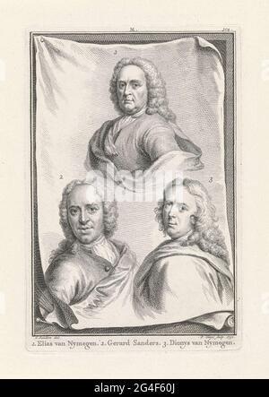 . Trois portraits numérotés des peintres Elias van Nijmegen, Gerard Sanders et Dionys de Nijmegen. En bas à gauche d'une palette et de formes. Moyen vers le haut : M. Banque D'Images