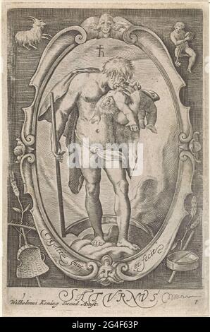 . Saturne qui donne à son enfant, dans sa main un scythe et au-dessus de sa tête le symbole astronomique de sa planète. Debout dans une cartouche ovale avec les deux signes du zodiaque au sommet: Capricorne et waterman. Banque D'Images