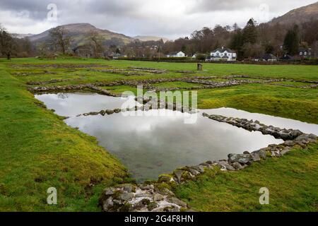 fort romain de Galava à Ambleside avec des eaux d'inondation d'un événement météorologique extrême, Lake District, Royaume-Uni. Banque D'Images