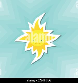 Autocollant soleil jaune souriant. Fond turquoise. Illustration vectorielle, conception plate Illustration de Vecteur