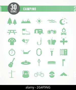 Jeu d'icônes vert Camping. 30 éléments. Illustration vectorielle, conception plate Illustration de Vecteur