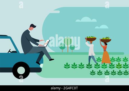 Un cadre d'affaires regarde un ordinateur portable tandis que les agriculteurs avec leurs produits marchant dans la ferme Illustration de Vecteur
