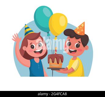 Anniversaire félicitations. Portrait d'une fille et d'un garçon avec un gâteau d'anniversaire et des ballons célébrant une fête d'anniversaire. Illustration de Vecteur