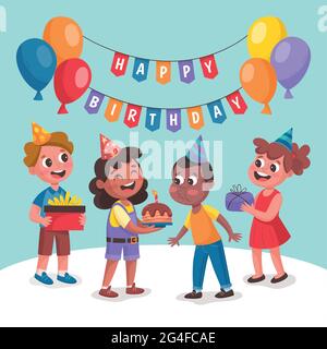 Les enfants célèbrent une fête d'anniversaire. Petit garçon soufflant les bougies. Des enfants heureux avec des cadeaux souriants et célébrant. Illustration de Vecteur