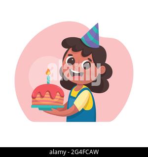 Anniversaire félicitations. Portrait d'une petite fille heureuse avec un gâteau de fête du temps. Illustration isolée. Illustration de Vecteur