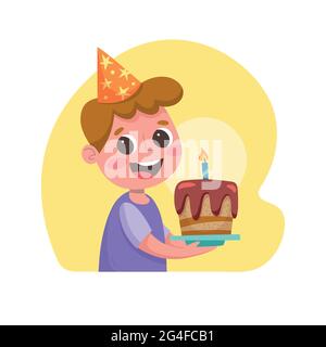 Anniversaire félicitations. Portrait d'un petit garçon heureux avec un gâteau du jour de la fête du bière. Illustration isolée. Illustration de Vecteur