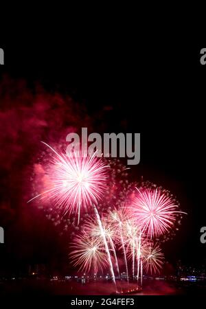 Spectaculaire feu d'artifice rose et rouge éclaboussant dans le ciel nocturne Banque D'Images
