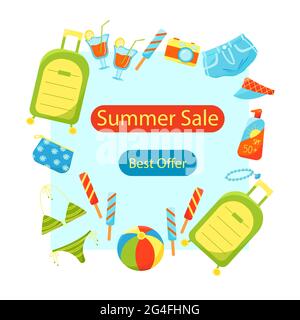 Modèle de bannière de vente d'été, affiche pour les magasins avec des choses d'été, illustration vectorielle dans le style plat Illustration de Vecteur