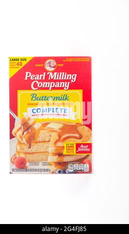 Pearl Milling, nouvelle identité pour Aunt Jemima, boîte de mélange complète de crêpes Buttermilk Banque D'Images