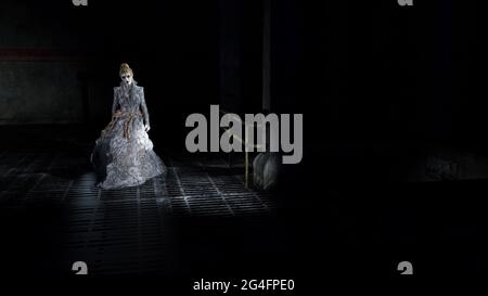 illustration 3d d'une femme pâle portant une longue robe de gloude fluide debout dans un environnement sombre et sinistre. Banque D'Images