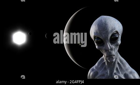 illustration 3d d'un étranger gris dans l'espace avec une lune de soleil et une silhouette de planète en arrière-plan. Banque D'Images