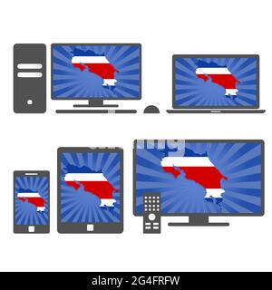 De nombreux périphériques (tablette, pc, téléphone portable, ordinateur portable, Smart tv) avec la carte et le drapeau du Costa Rica Illustration de Vecteur