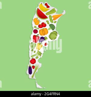 Carte de l'Argentine pleine de fruits et légumes (tomate , pomme, orange , aubergine, chou, concombre , brocoli, raisins, arugula, banane, poivrons Illustration de Vecteur