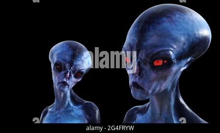 illustration 3d de deux extraterrestres bleus, dont l'un avec des yeux rouges lumineux sur fond noir. Banque D'Images