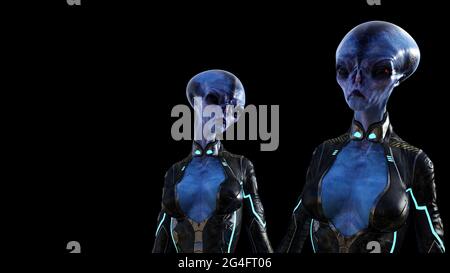 illustration en 3d de deux extraterrestres bleus portant des combinaisons sur fond noir. Banque D'Images