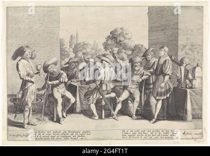 . Sur une plate-forme il y a un groupe de nobles sur une table, où beaucoup de joints de vin et de verres peuvent être vus. Au milieu, un petit homme lève son verre. Sur la gauche, un homme plus âgé - qui a aussi un verre de vin à la main - regarde l'homme qui le branche pour lui, tandis qu'un jeune homme sur la droite son verre est complètement complet. Sous l'image, un verset en langue hollandaise dans deux colonnes. Banque D'Images