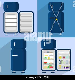 Quatre réfrigérateurs : ouverts et vides, fermés, verrouillés, ouverts et pleins de nourriture Illustration de Vecteur