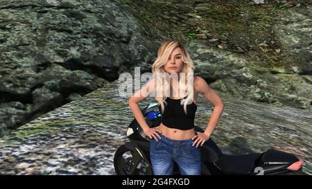 illustration 3d d'une femme en plein air debout à côté d'une moto au sommet d'un gros rocher regardant vers le haut. Banque D'Images