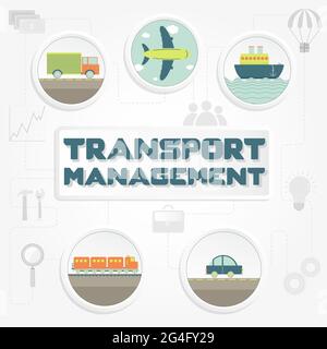 Expression « gestion du transport », transport (camion, voiture, navire, avion et train) et outils Illustration de Vecteur